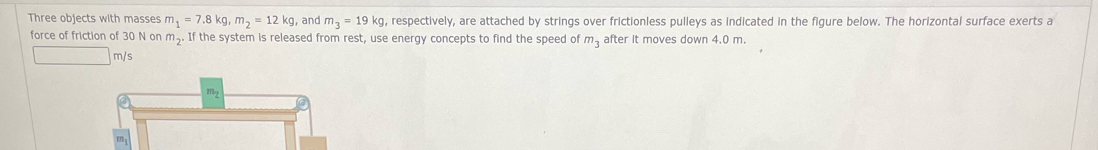 Three objects with masses m, = 7.8 kg, m, = 12