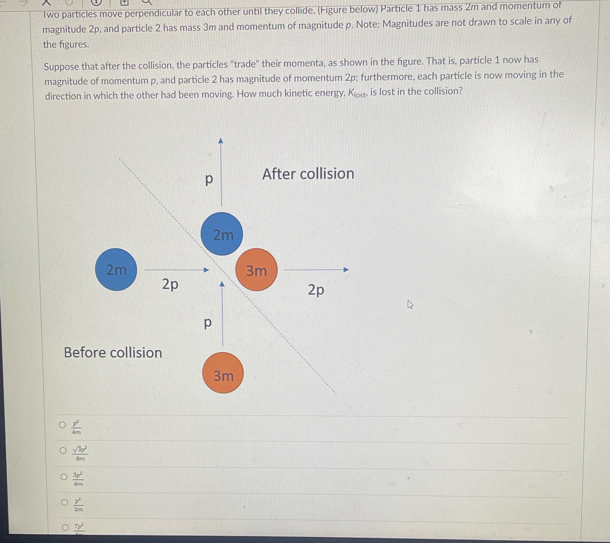 Two particles move perpendicular to each other until they collide. (Figure