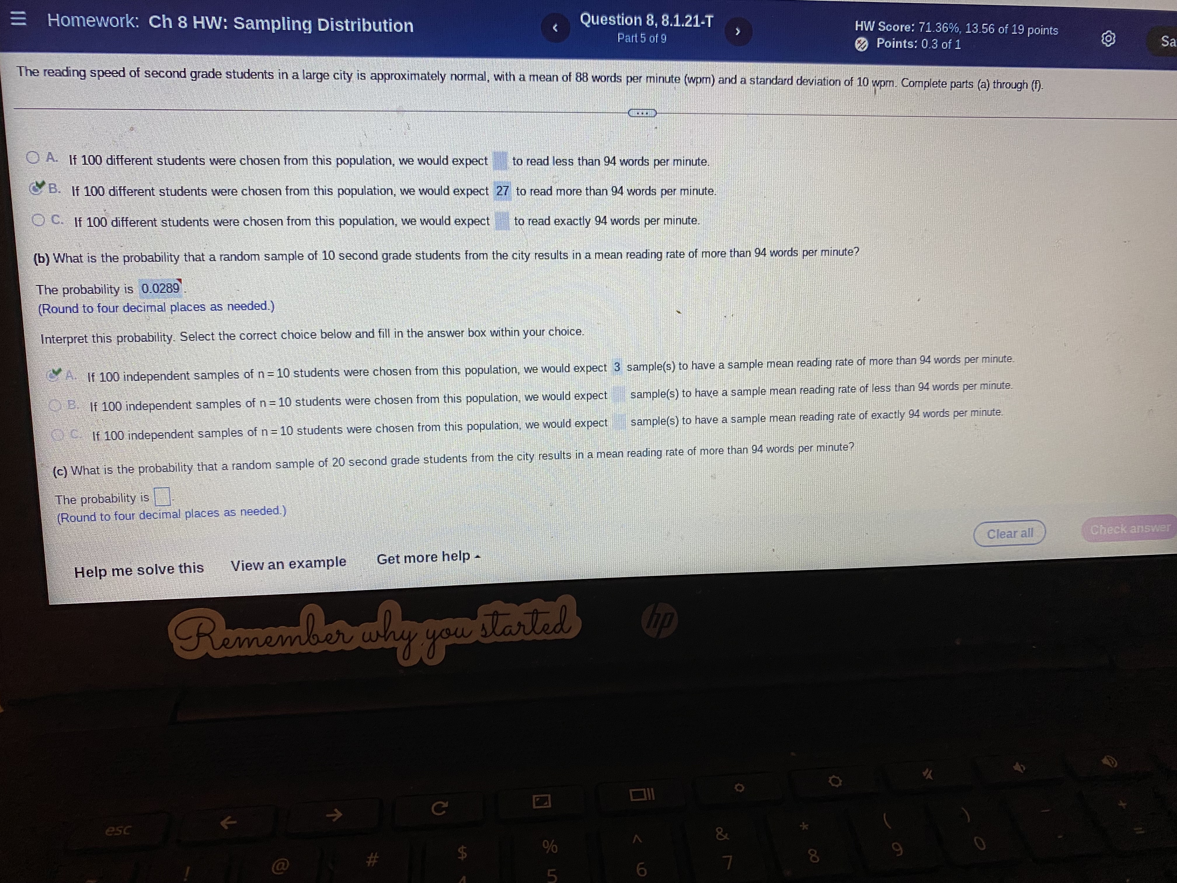  = Homework: Ch 8 HW: Sampling Distribution Question 8, 8.1.21-T Part
