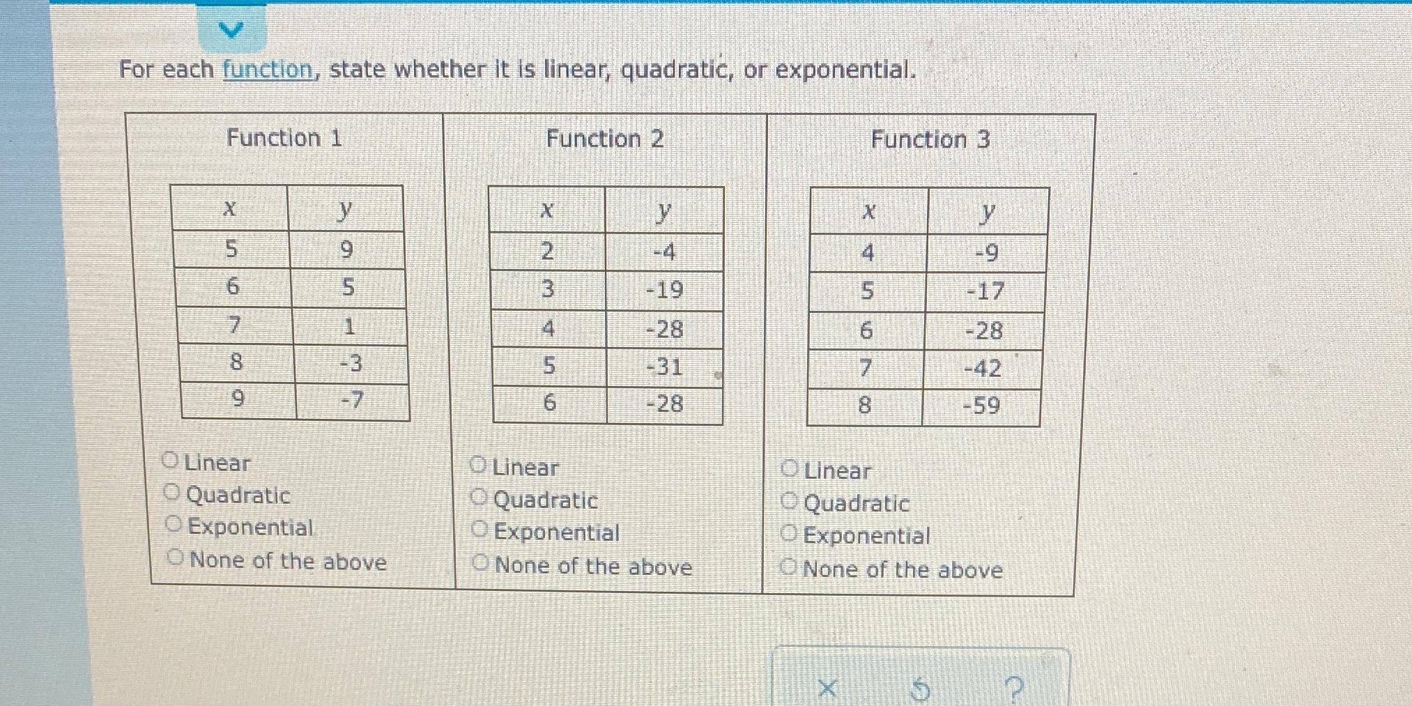  For each function, state whether it is linear, quadratic, or exponential.