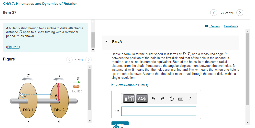 Question 27 V Part A Find the required angular speed, w, of