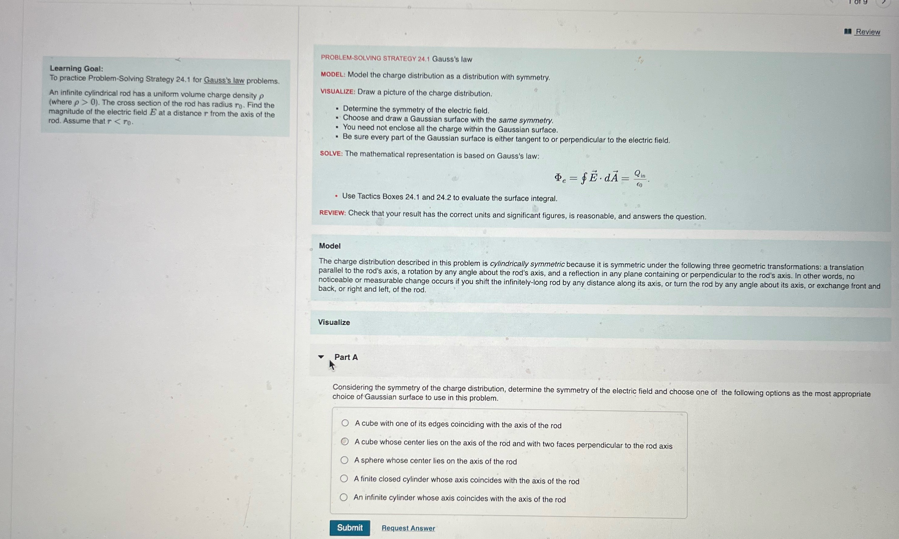 Review PROBLEM SOLVING STRATEGY 24.1 Gauss's law Learning Goal: MODEL: Model