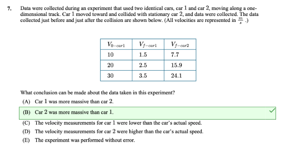  7. Data were collected during an experiment that used two identical