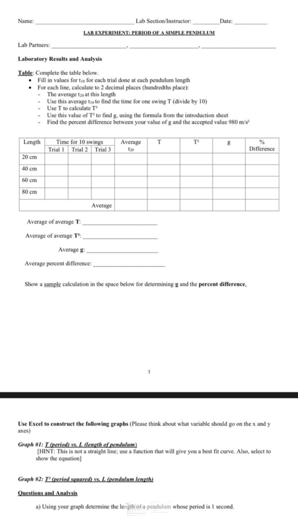 Please help me with this physics lab. Name: Lab Section/Instructor: Date: LAB