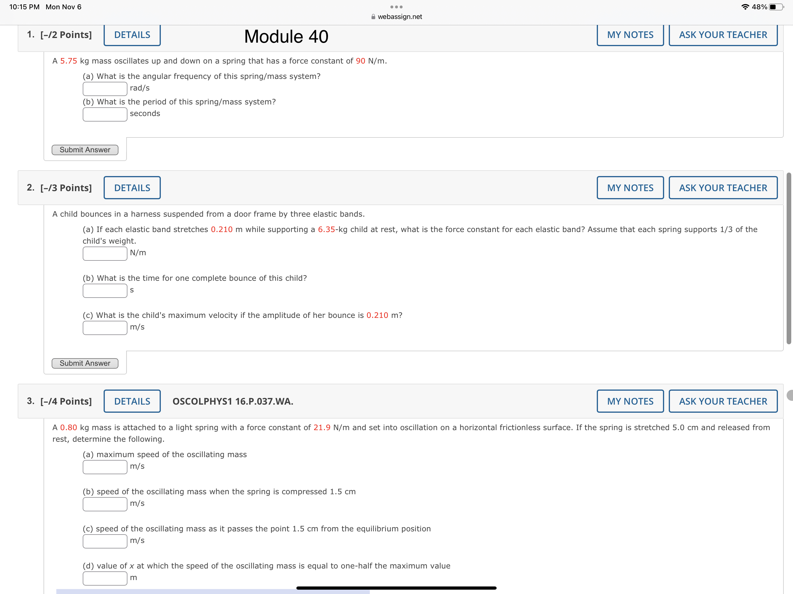 10:15 PM Mon Nov 6 . . . 48% webassign.net 1.