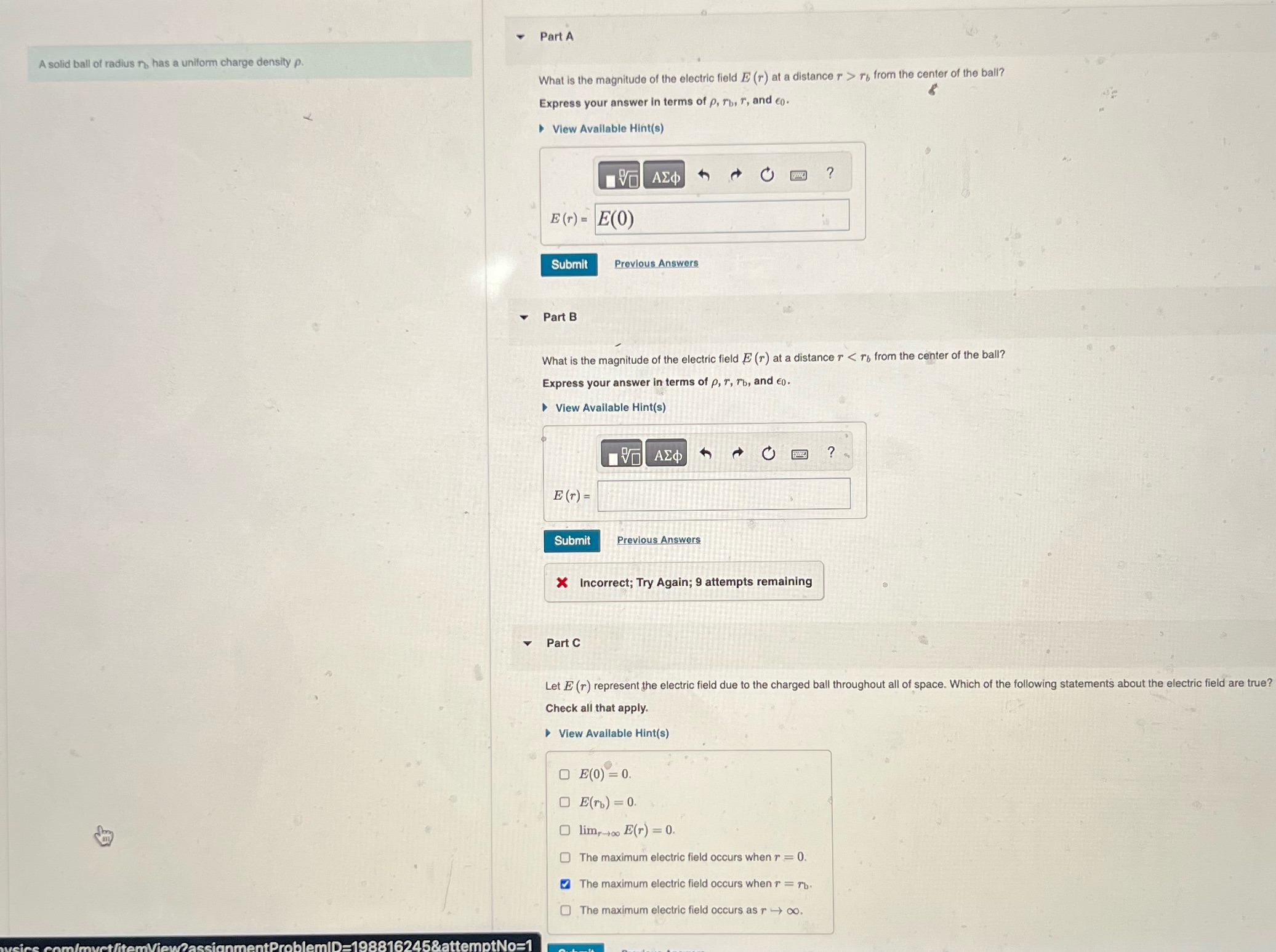 Part A A solid ball of radius r, has a uniform
