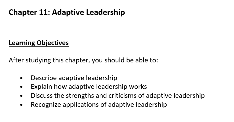 Need help with the following Study Guide: Chapter 11: Adaptive Leadership Learning