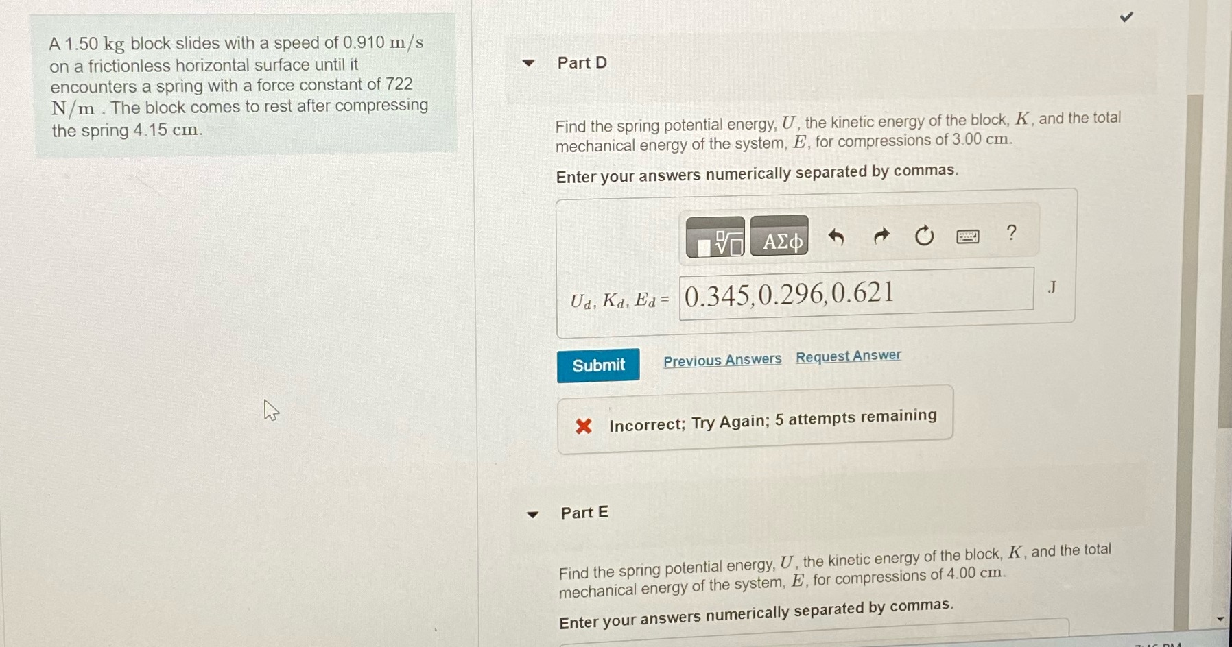 Solve for A 1.50 kg block slides with a speed of 0.910
