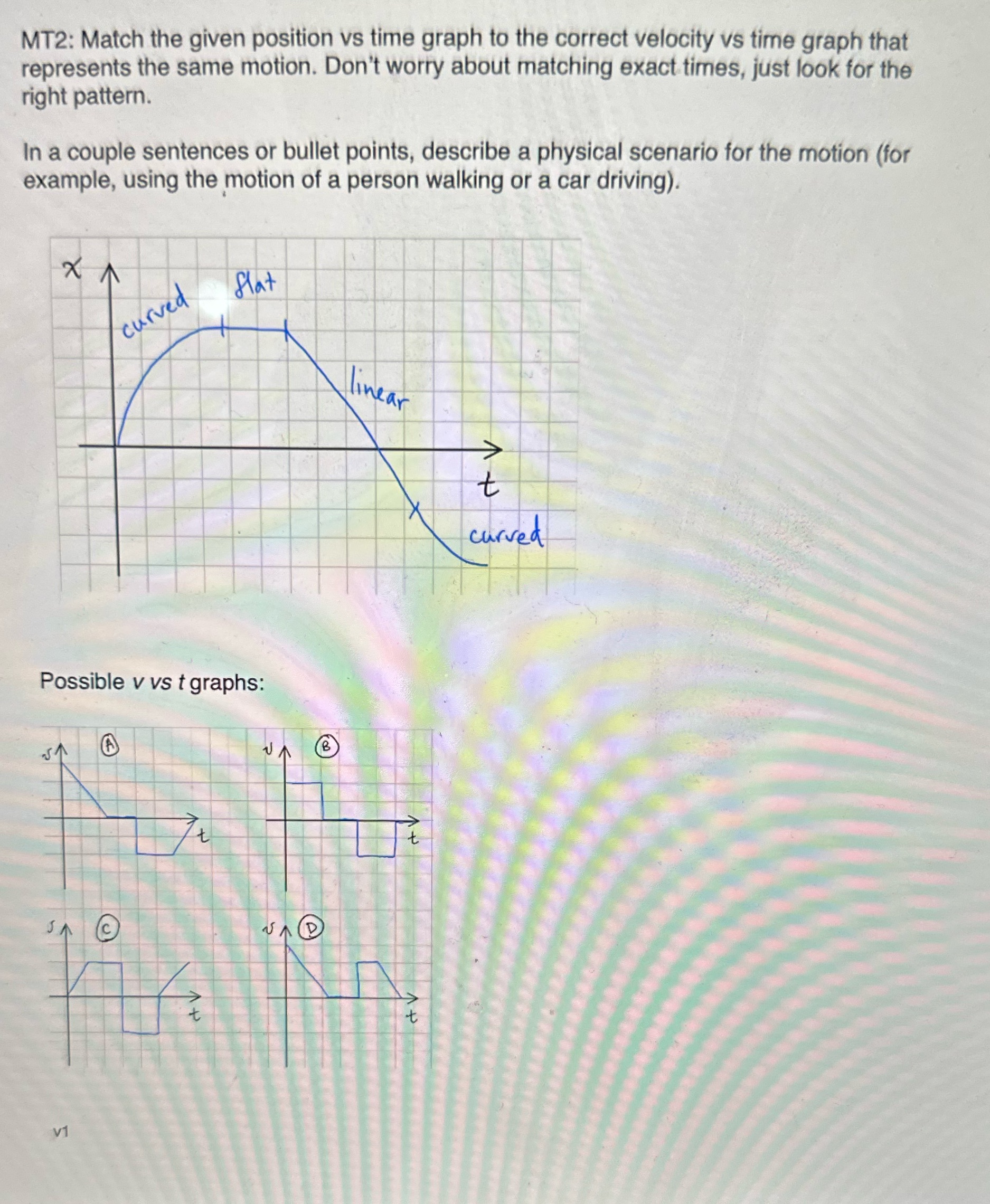 MT2: Match the given position vs time graph to the correct