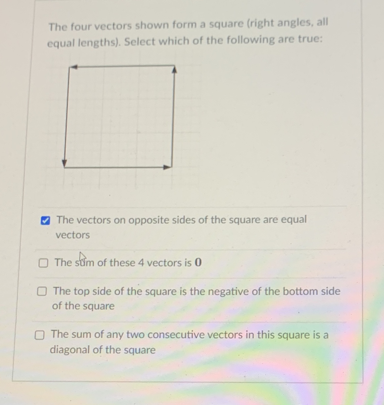  The four vectors shown form a square (right angles, all equal