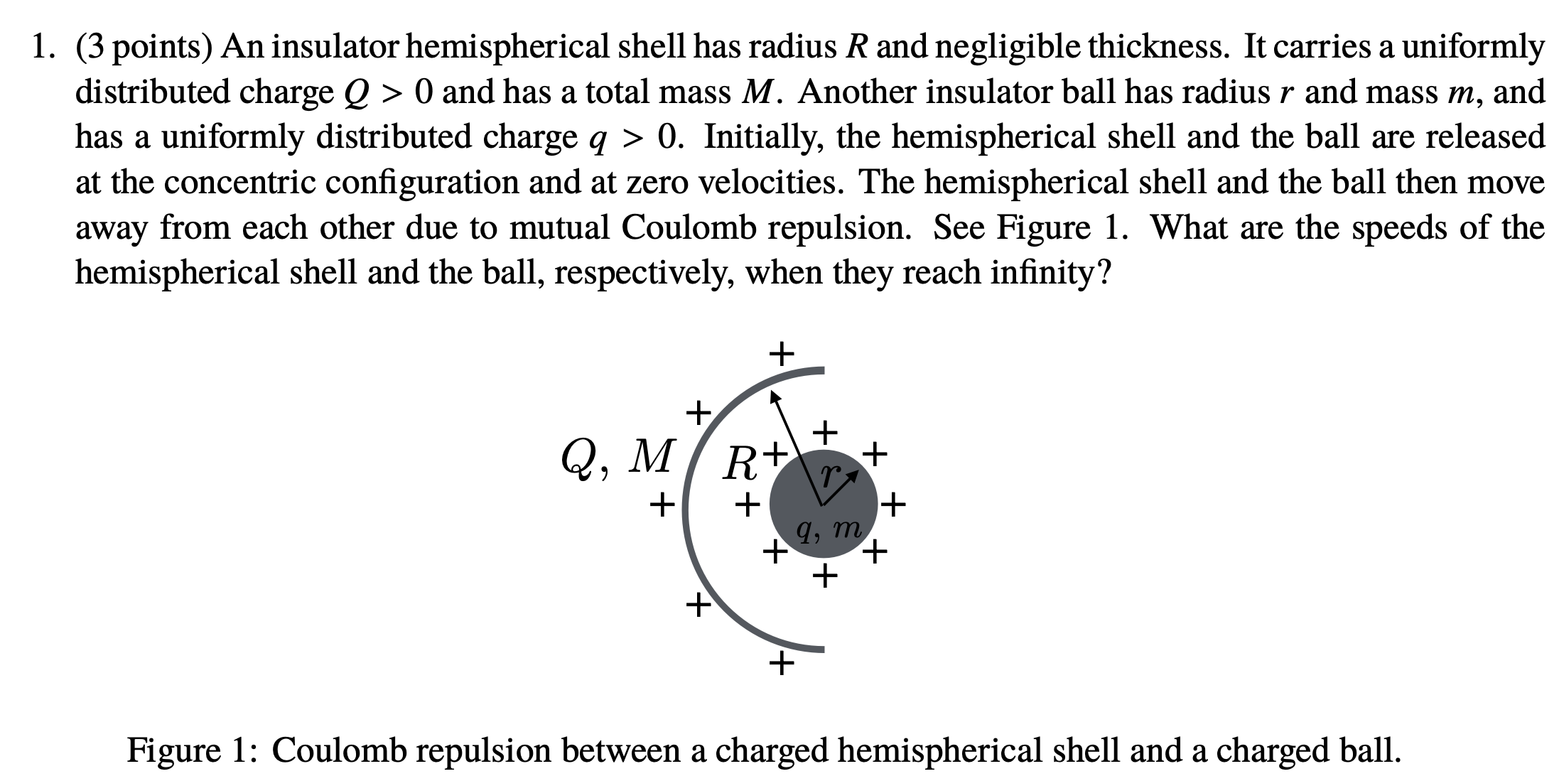  1. (3 points) An insulator hemispherical shell has radius R and
