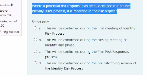 type of risk is this called? 1.00 Flag question Select one: O