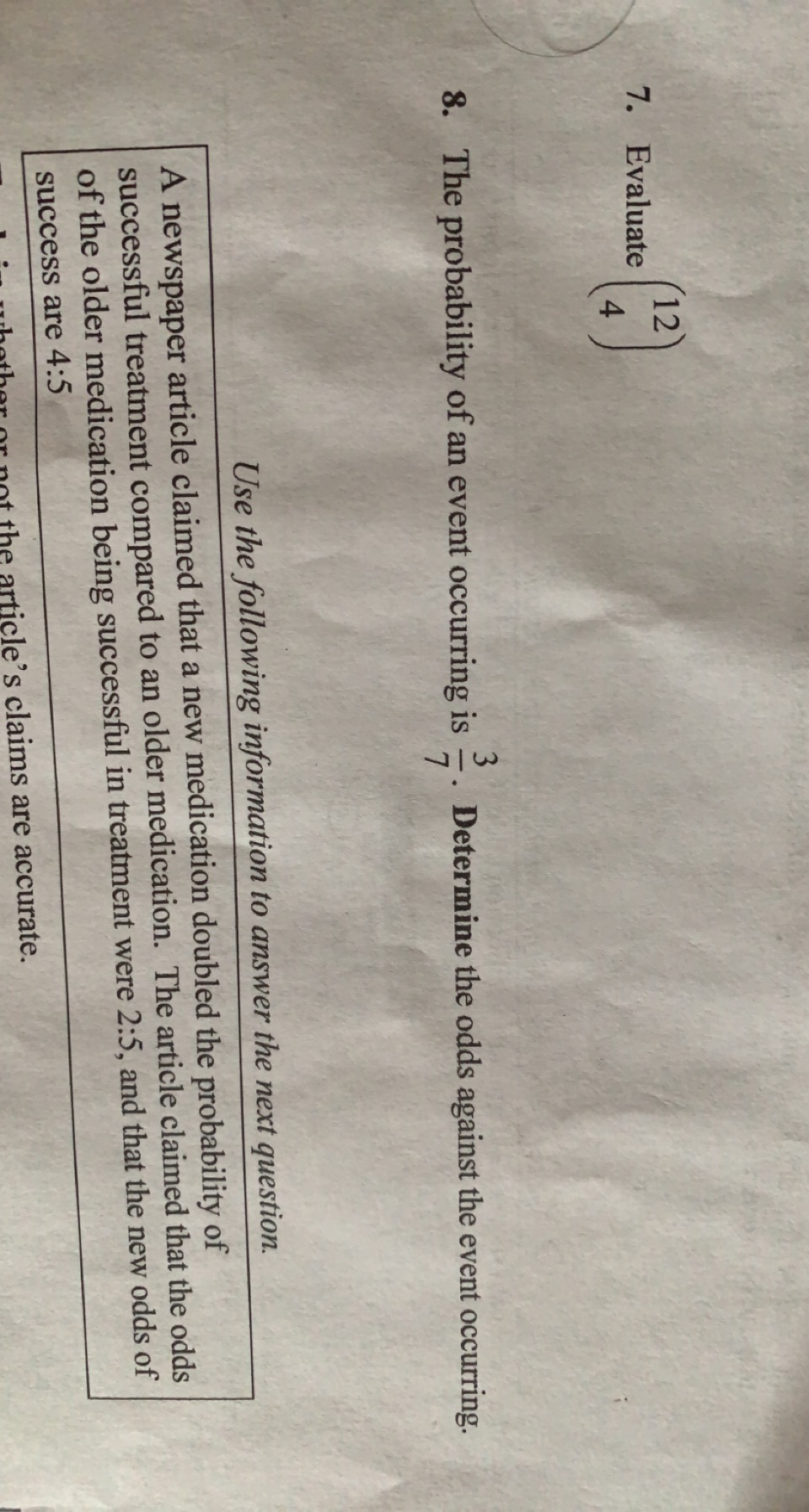 question 8 7. Evaluate ~ + 8. The probability of an event