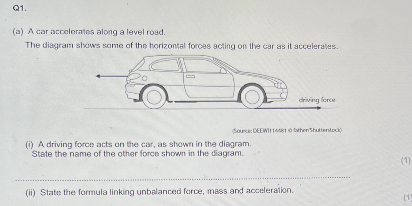  Q1. (a) A car accelerates along a level road. The diagram