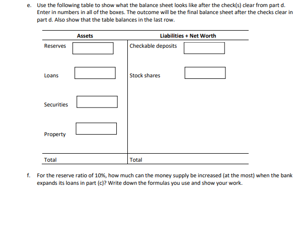 reserve ratio of 10%, do the following: Assets Liabilities + Net Worth