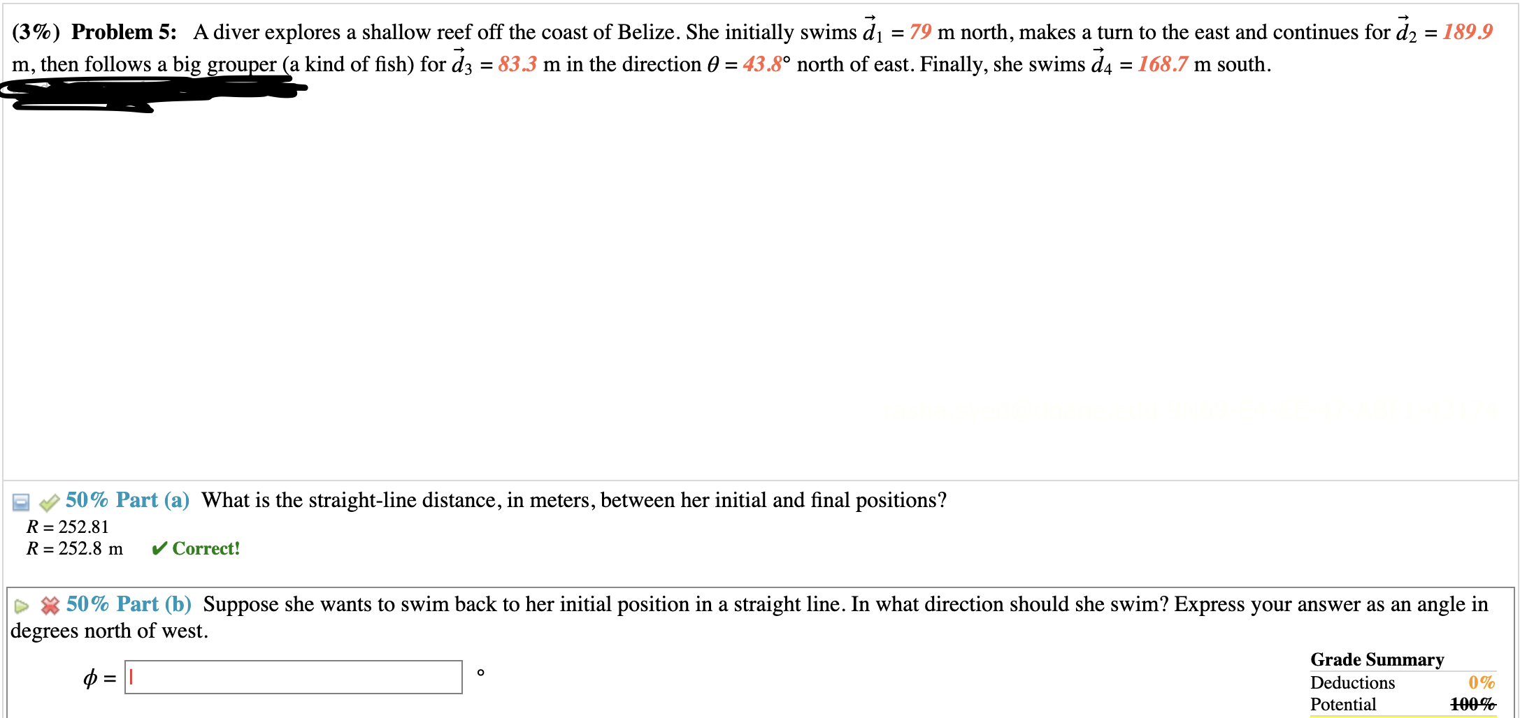  (3%) Problem 5: A diver explores a shallow reef off the