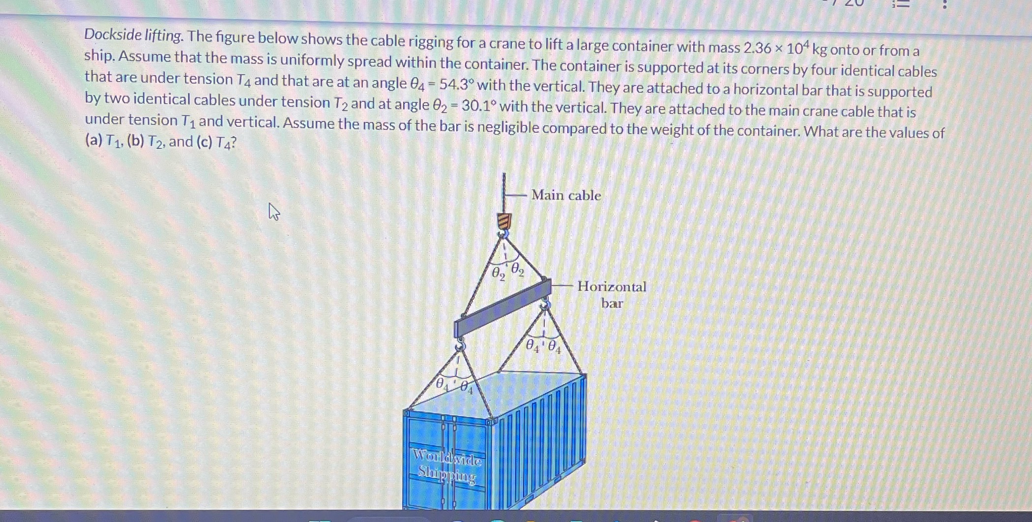 Dockside lifting. The figure below shows the cable rigging for a