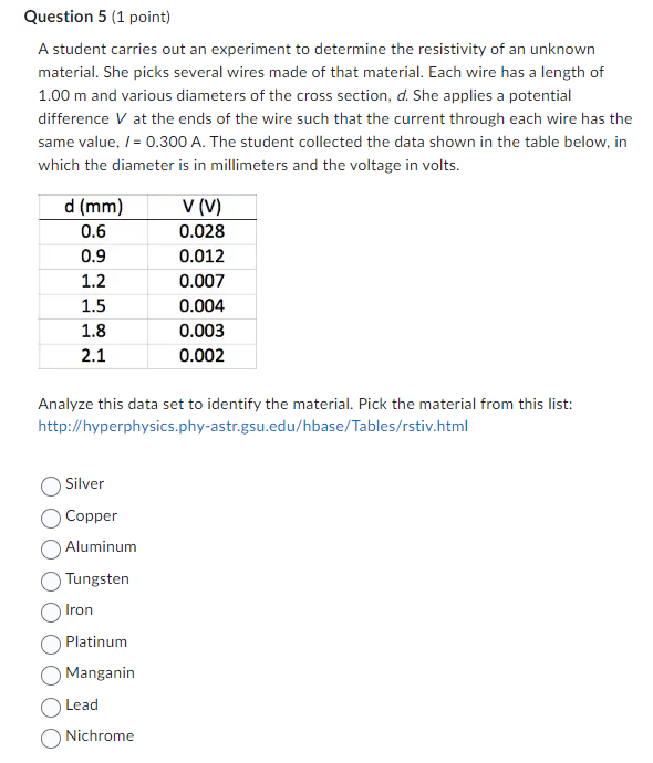  Question 5 (1 point) A student carries out an experiment to