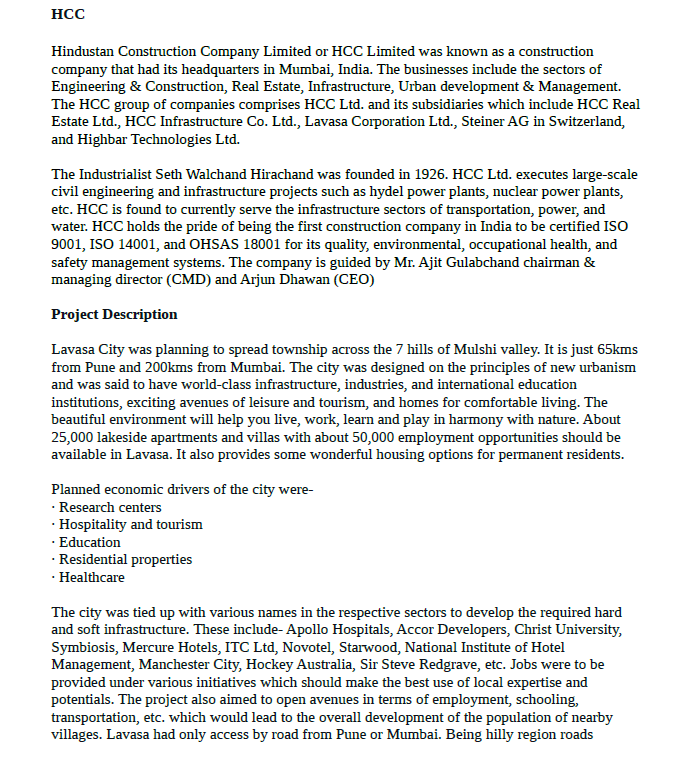 study?Please provide a proper deep and lengthy answer of it. LAVASA CASE