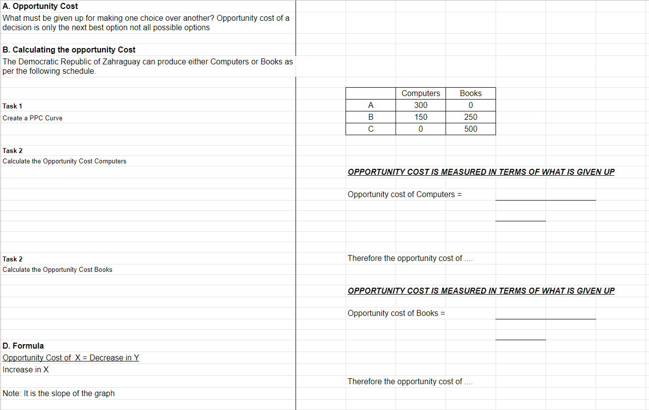 A. Opportunity Cost What must be given up for making one