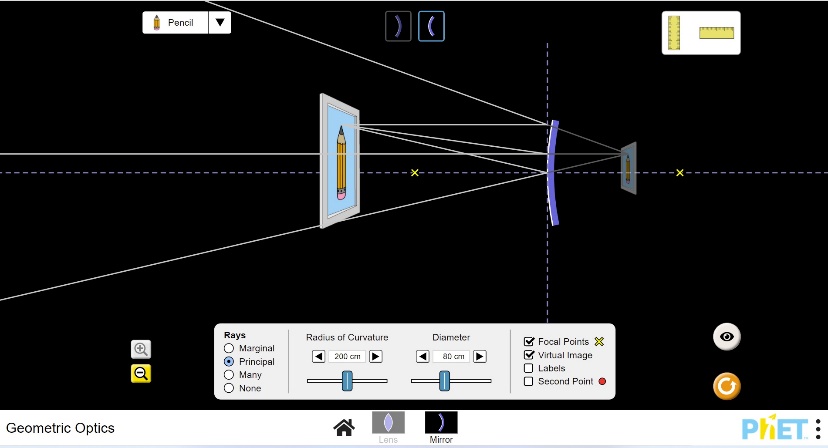 Open https://phet.colorado.edu/sims/html/geometric-optics/latest/geometric-optics_en.htmlChoose the Convex Mirror. Pencil Rays Radius of Curvature Diameter O