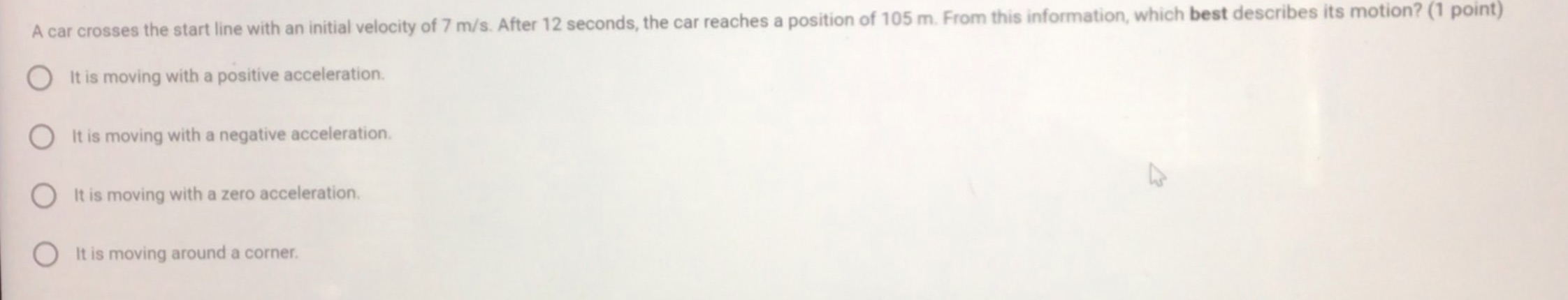  A car crosses the start line with an initial velocity of