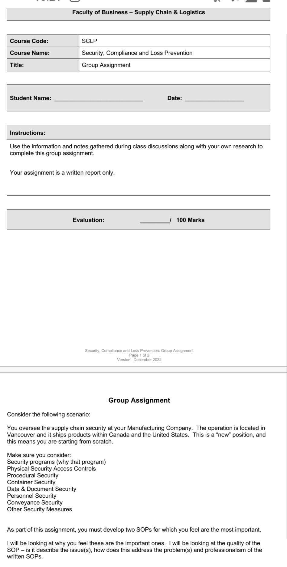 please provide a statement of purpose SOP for physical security access controls