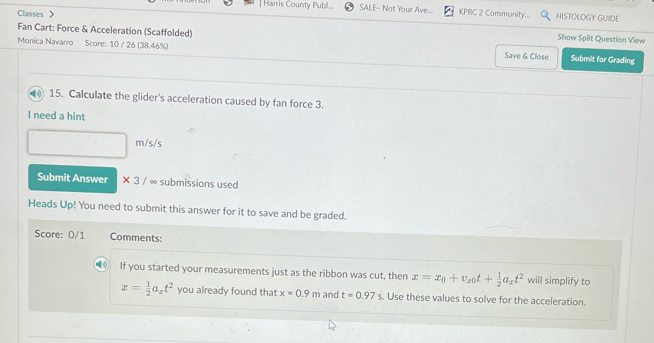 Please help solve for acceleration. Values given x=0.9m//t=0.97 s | Harris County