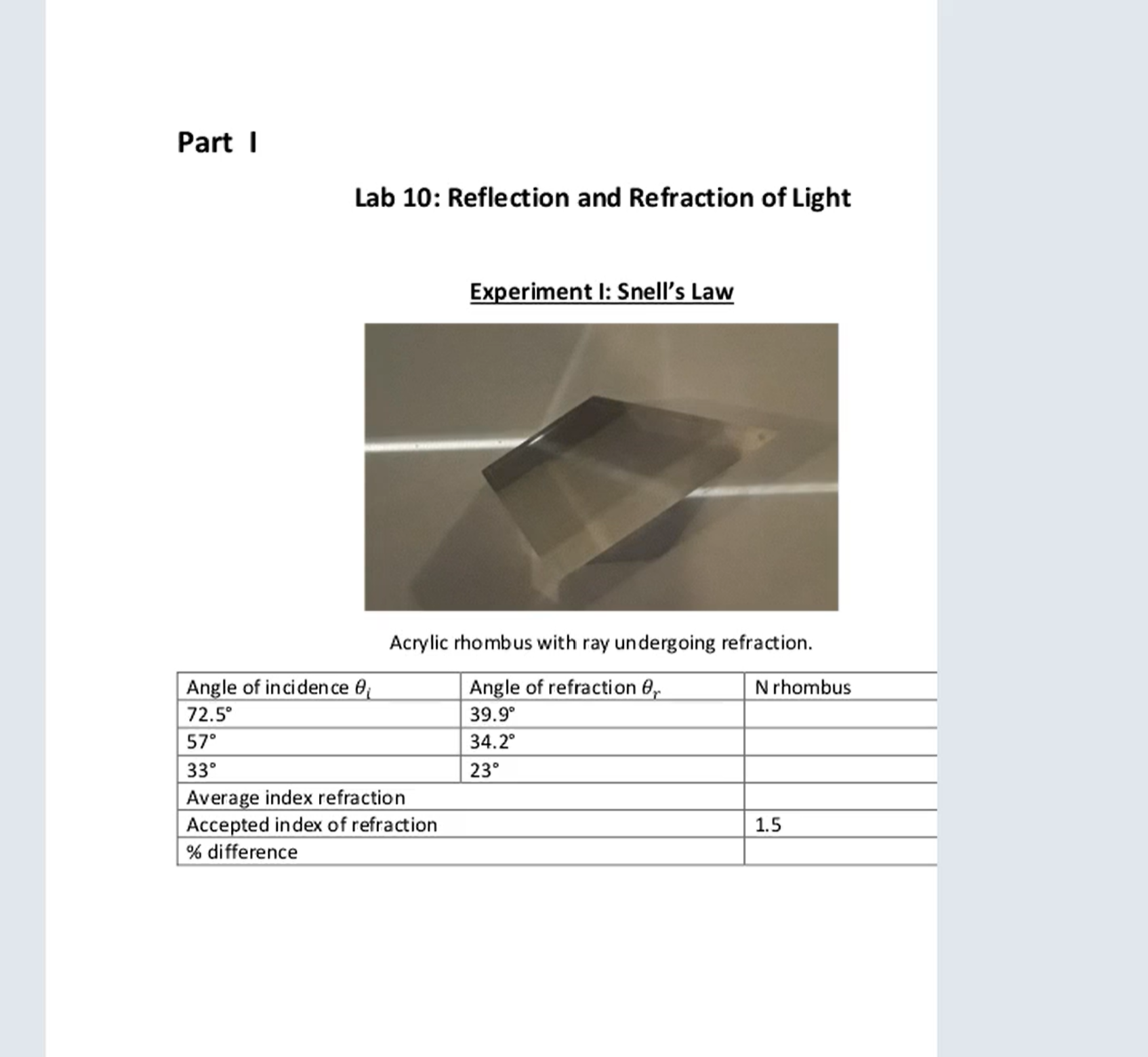 Part | Lab 10: Reflection and Refraction of Light Experiment |: