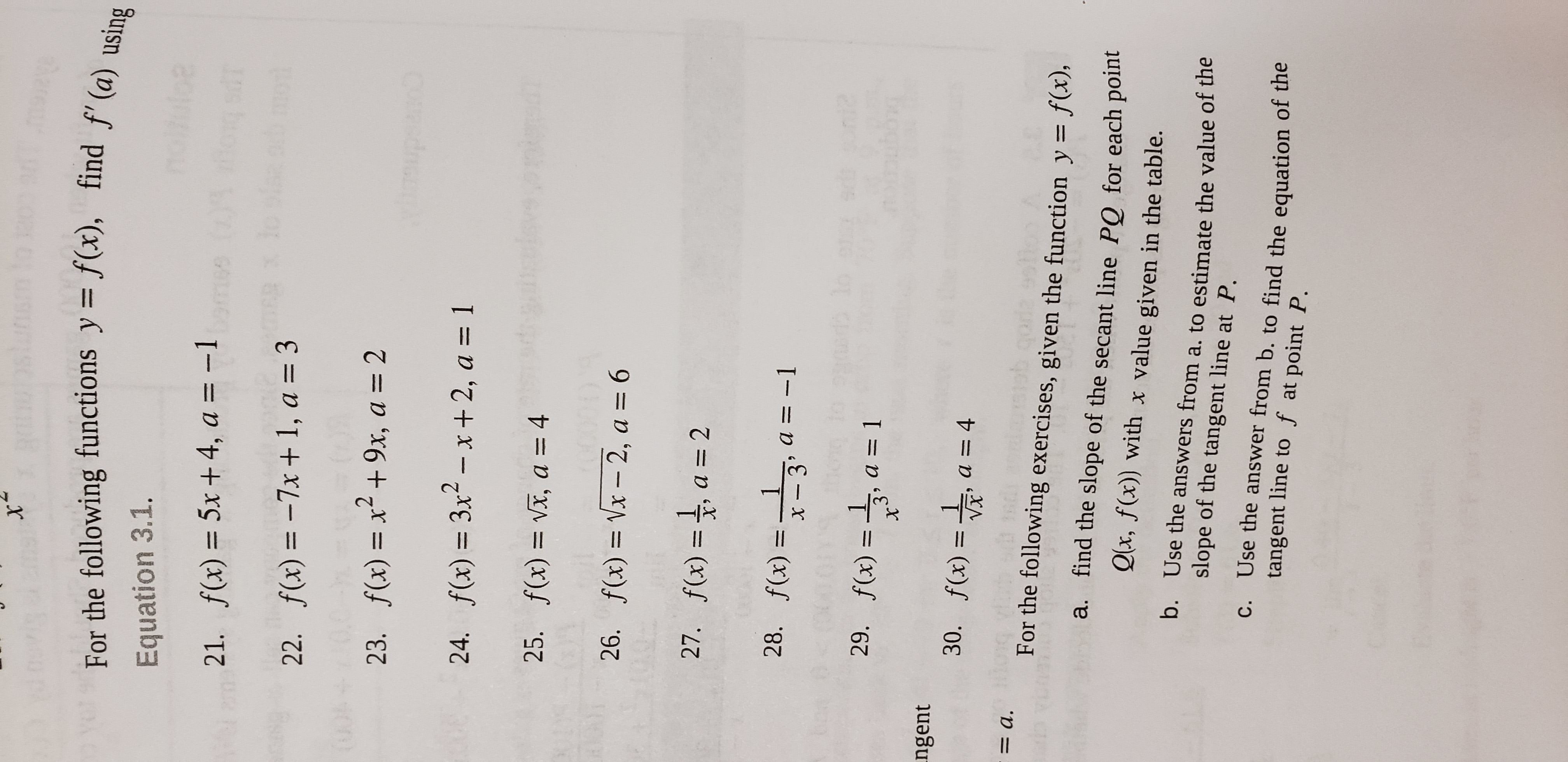  X For the following functions y = f(x), find f'(a) using