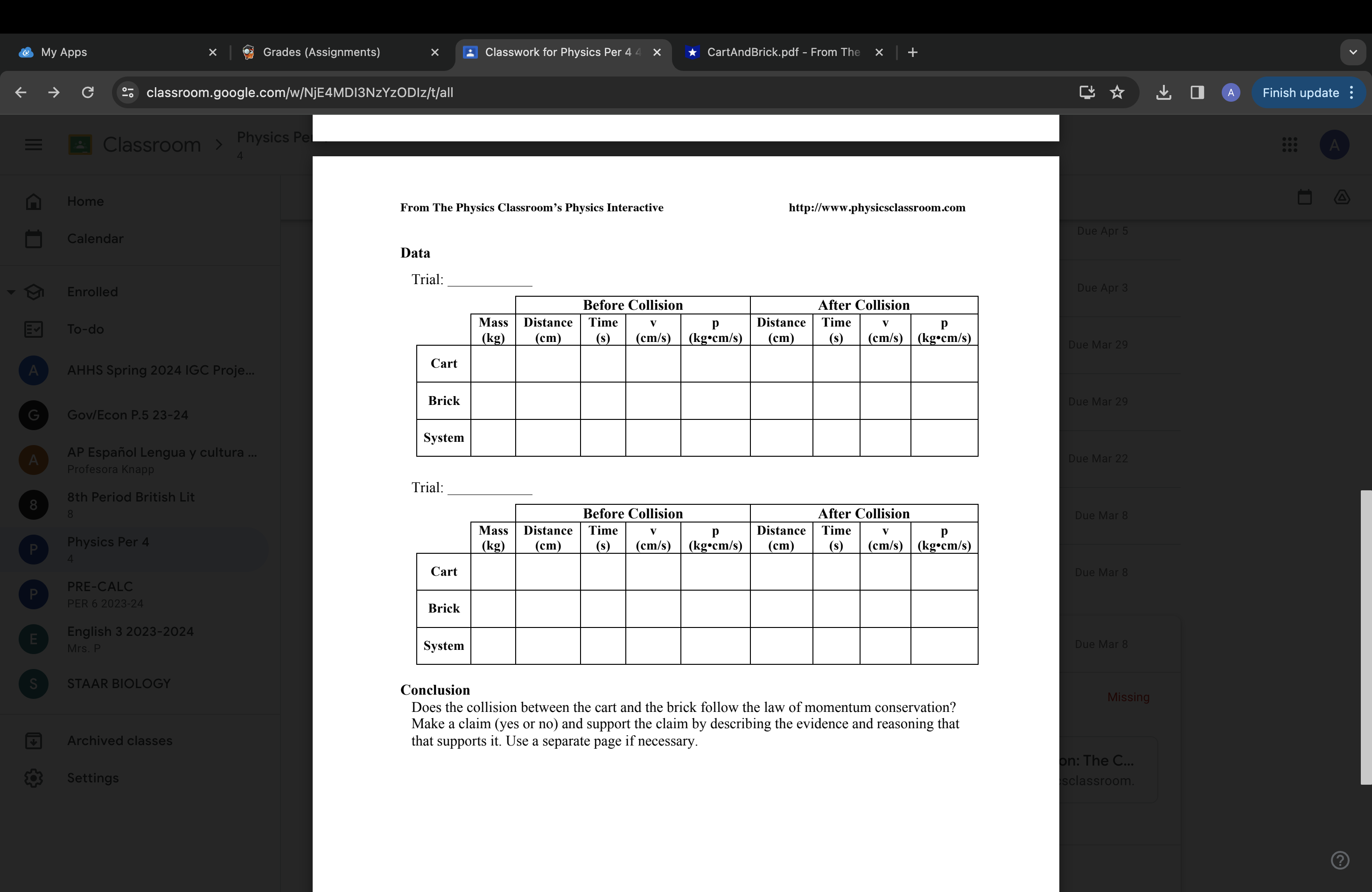  My Apps X Grades (Assignments) X Classwork for Physics Per 4