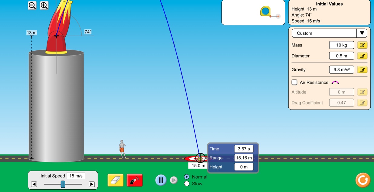  Initial Values Height: 13 m Angle: 74 Speed: 15 m/s 13