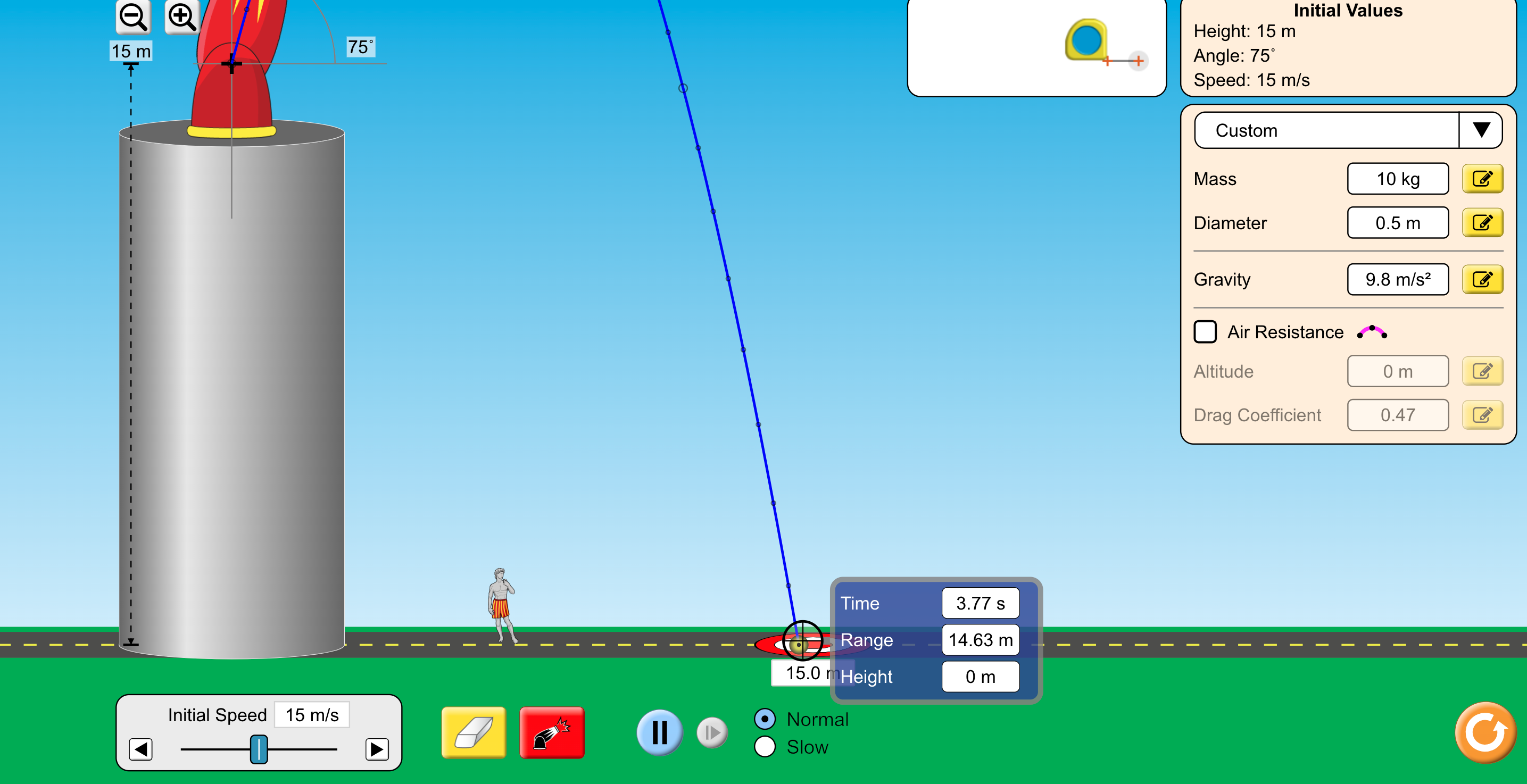 Air Resistance Altitude 0 m Drag Coefficient 0.47 Time 3.67 s Range