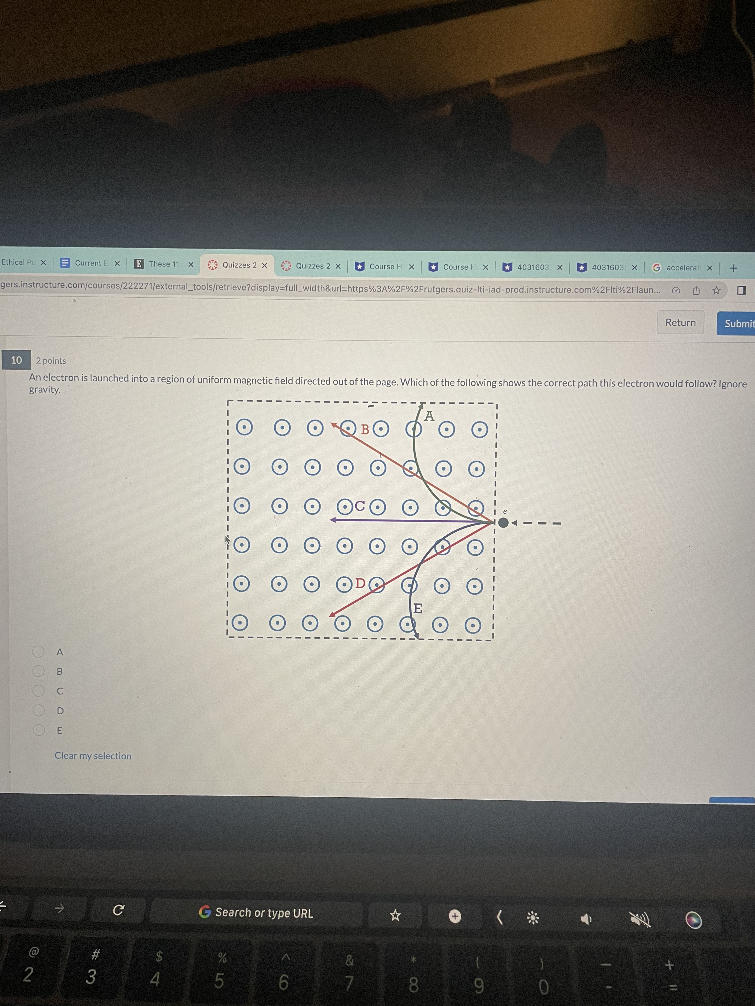 a wire placed in a uniform B-field pointed to the left, as