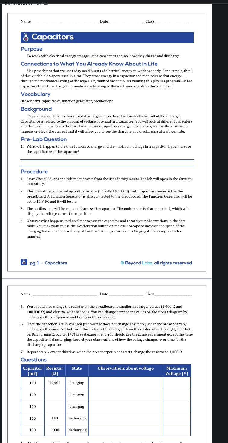  Name Date Class 8 Capacitors Purpose To work with electrical energy