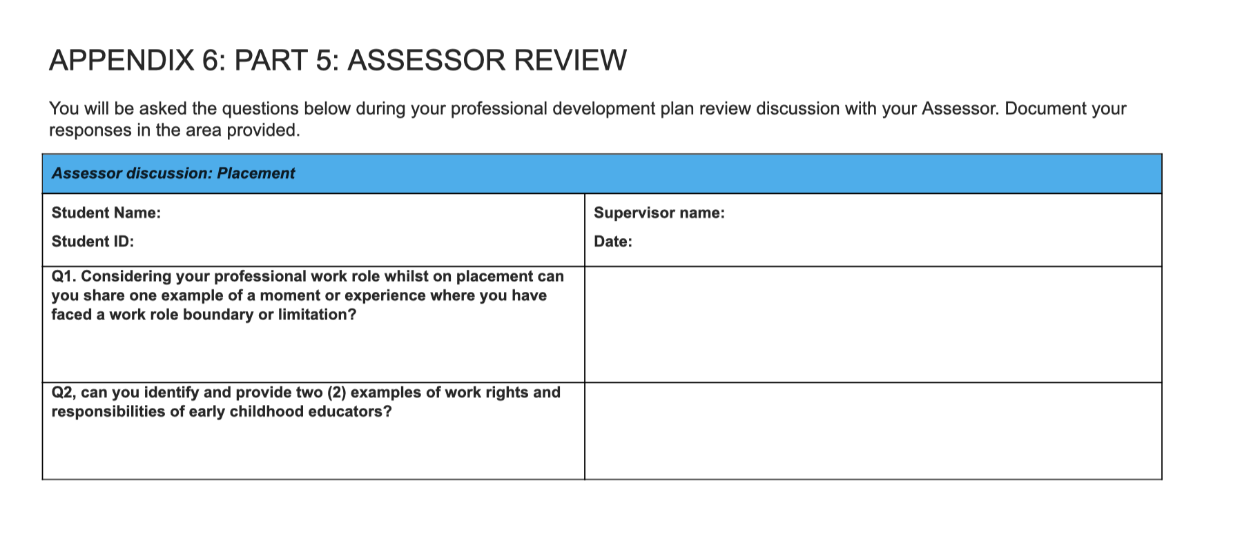 the end of your placement period to measure how you are tracking