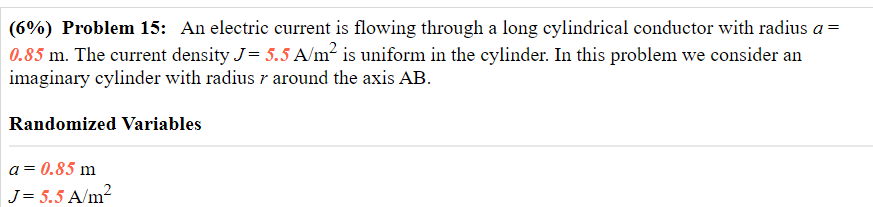 (6%) Problem 15: An electric current is flowing through a long