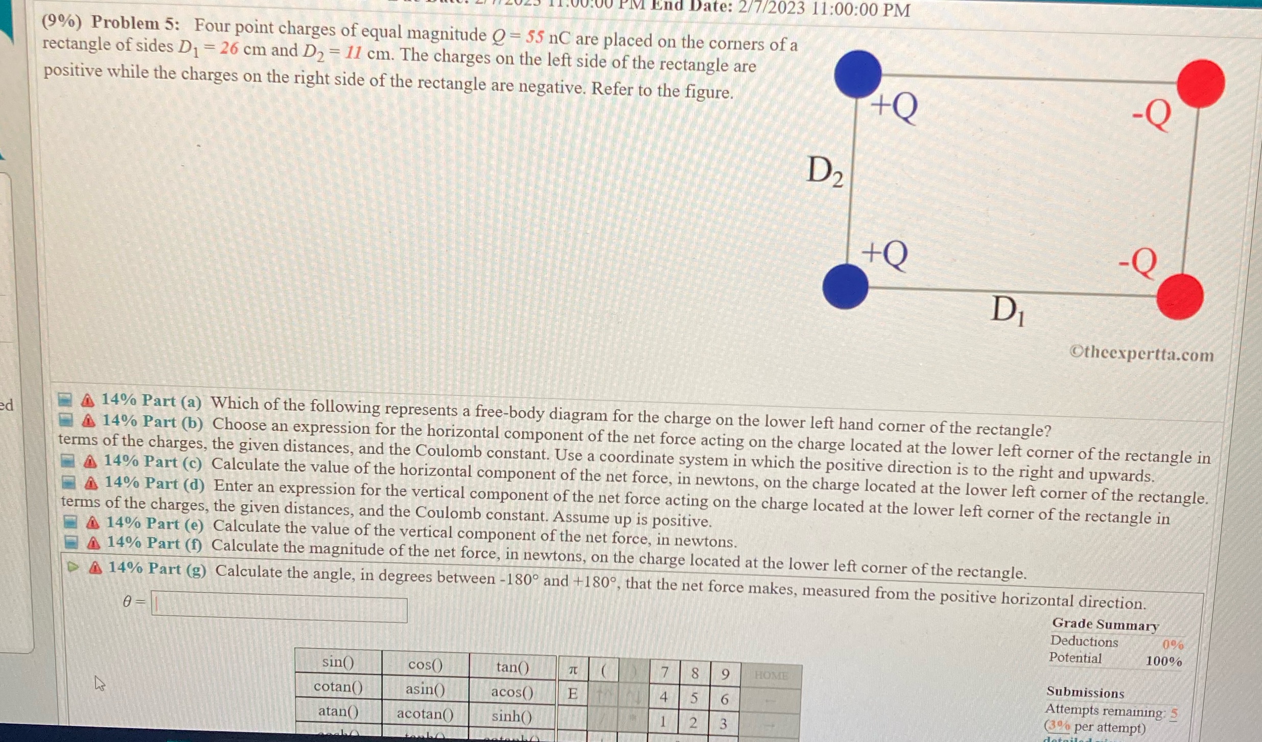 End Date: 2/7/2023 11:00:00 PM (9%) Problem 5: Four point charges
