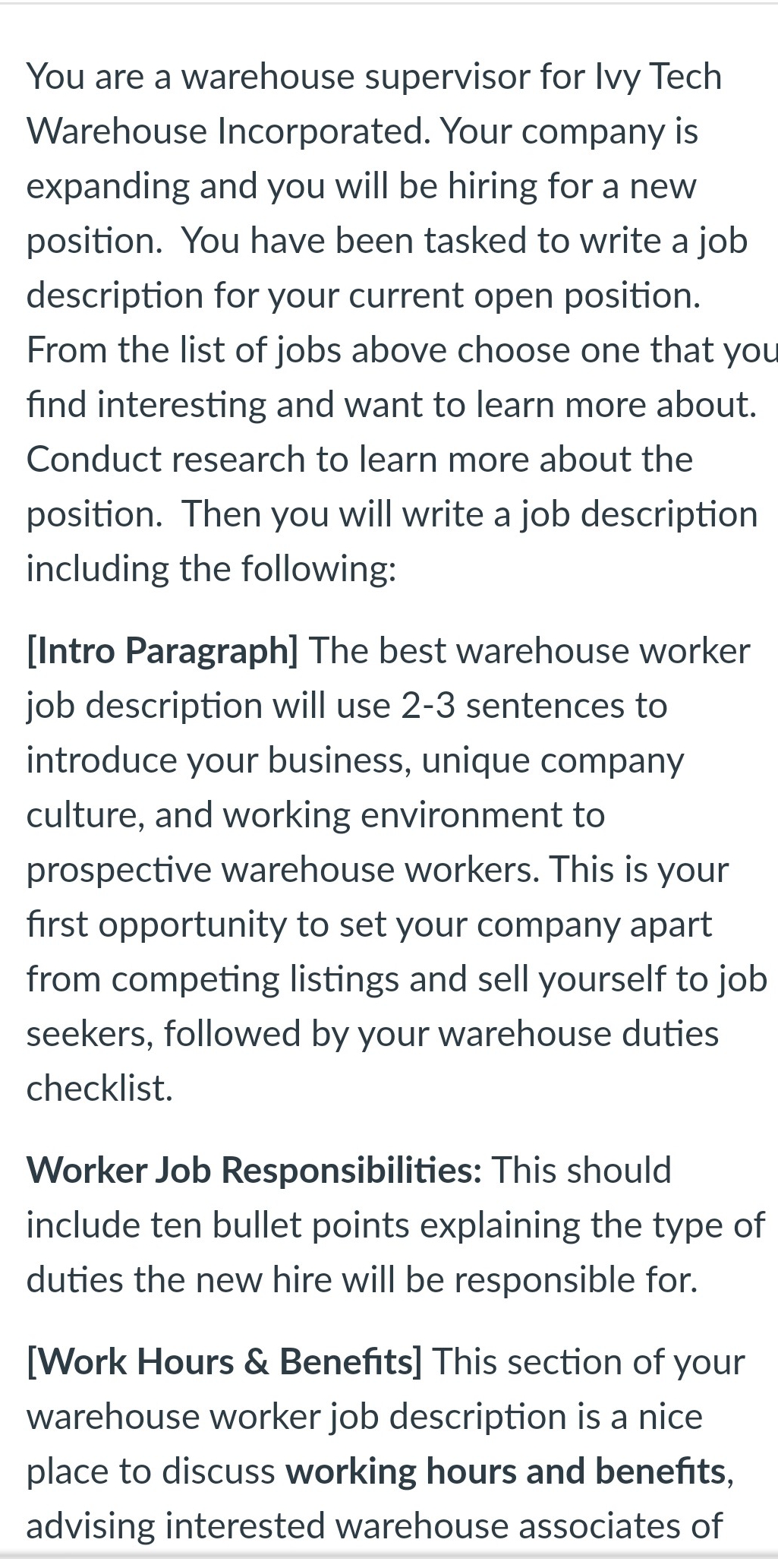 You are a warehouse supervisor for vy Tech Warehouse Incorporated. Your