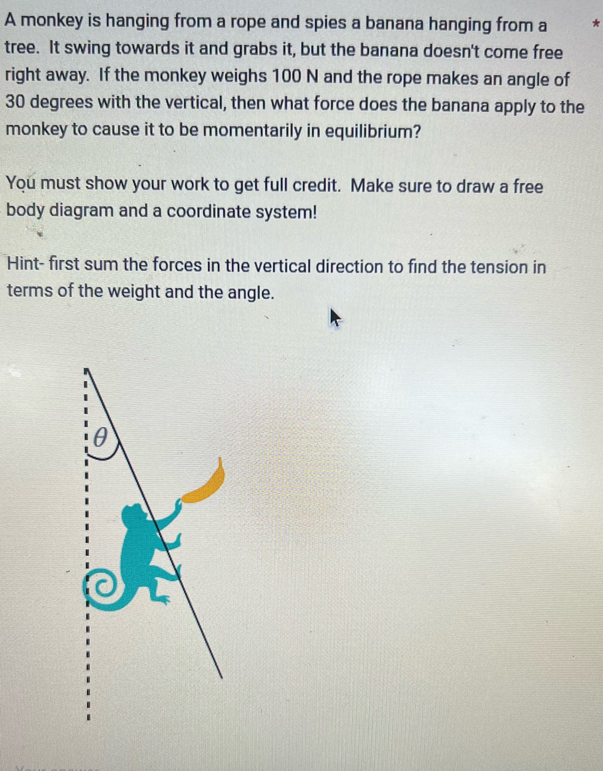 A monkey is hanging from a rope and spies a banana