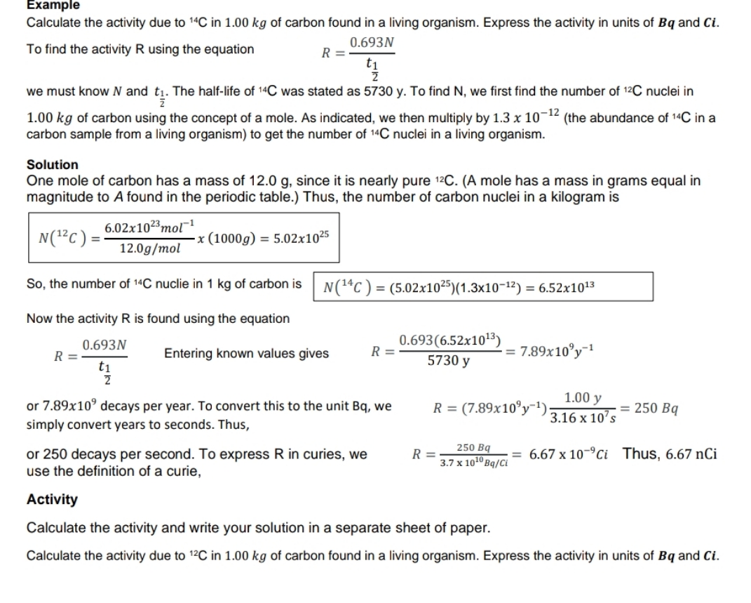 general physics 2 Example Calculate the activity due to \"C in 1.00