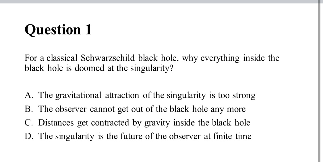 Question 1 For a Classical Schwarzschild black hole, why everything inside