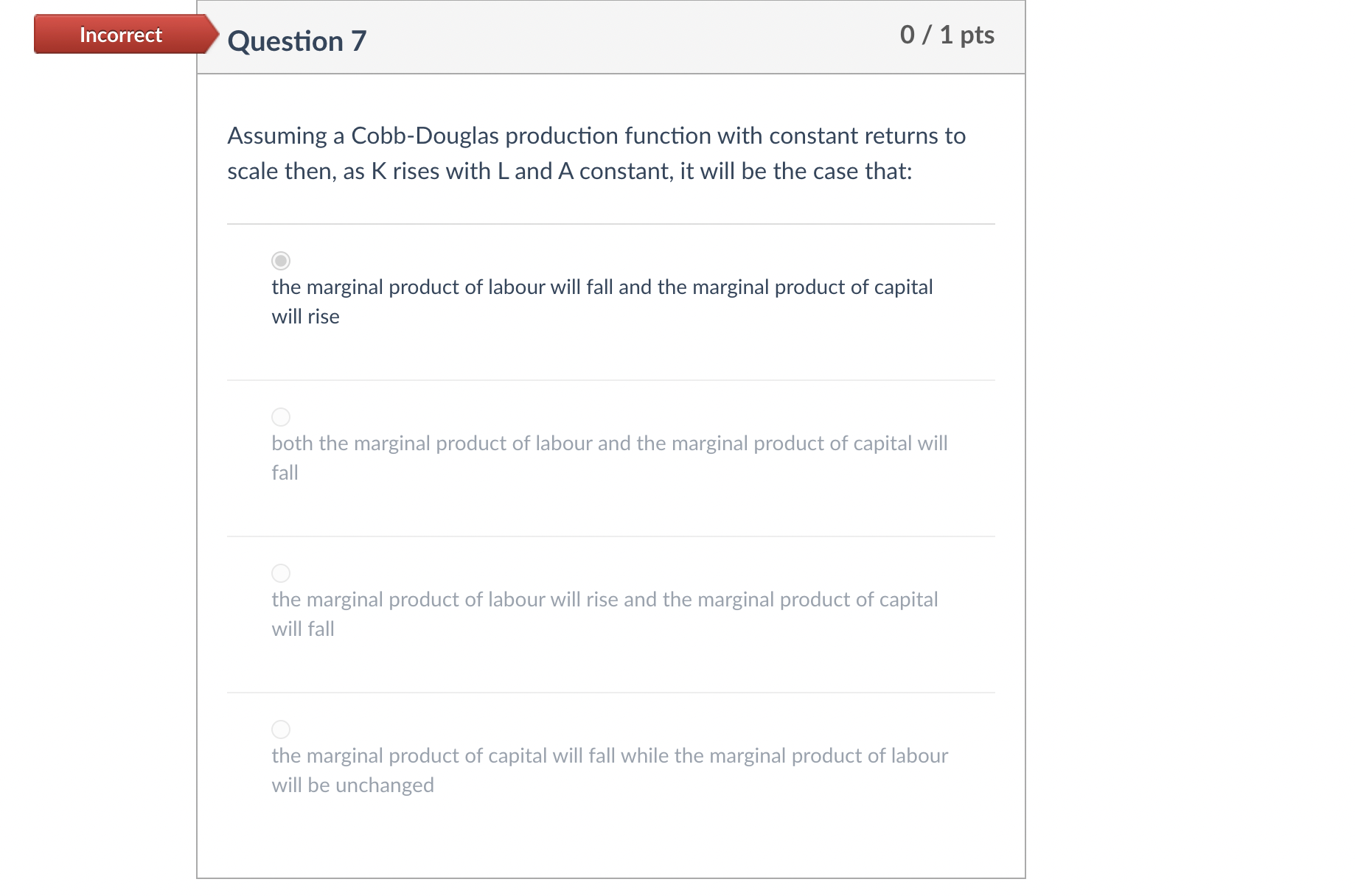 Incorrect Question 7 0 / 1 PtS Assuming a Cobb-Douglas production