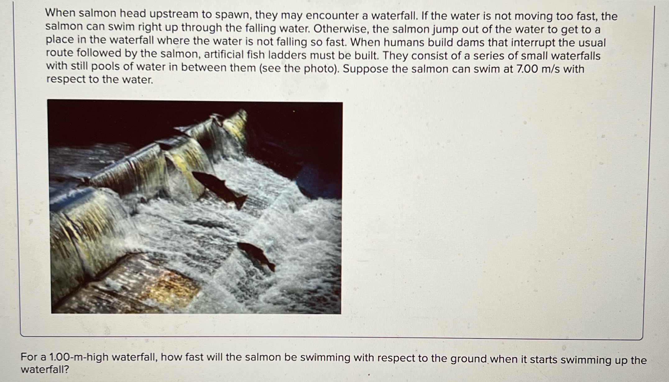 When salmon head upstream to spawn, they may encounter a waterfall.