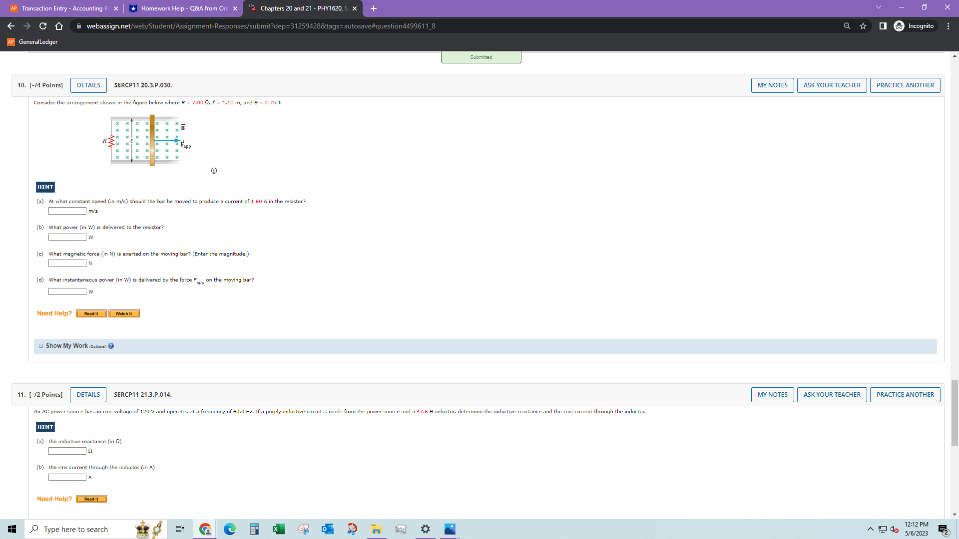 Incognito AP GeneralLedger 2. [-/2 Points] DETAILS SERCP11 20.5.P.041.MI. MY NOTES ASK