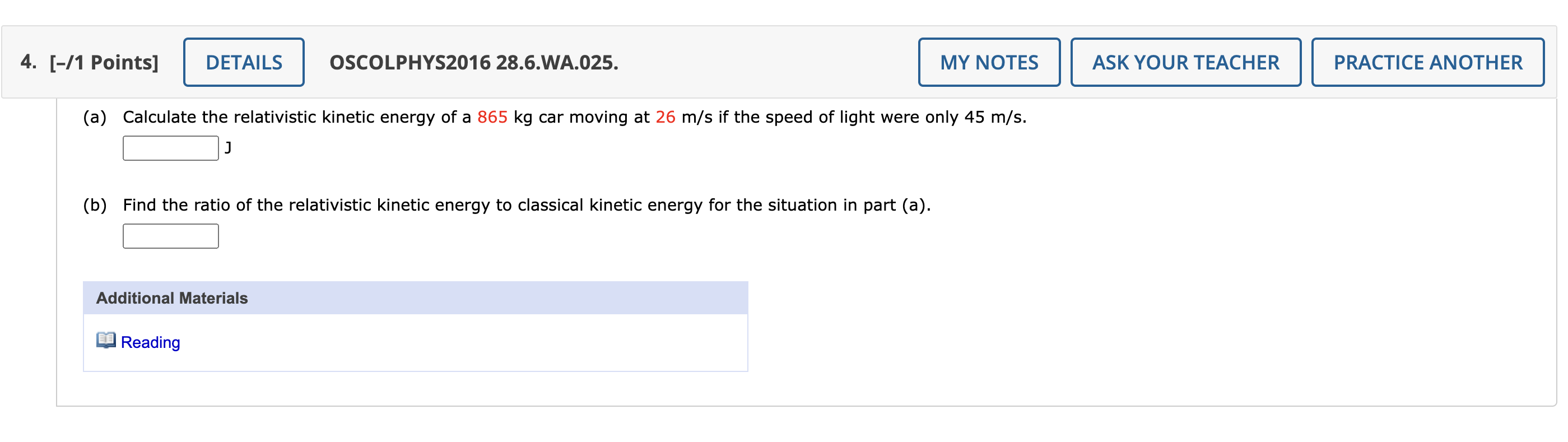 Additional Materials Reading2. [0/1 Points] DETAILS PREVIOUS ANSWERS OSCOLPHYSZO16 28.5.WA.020. MY NOTES