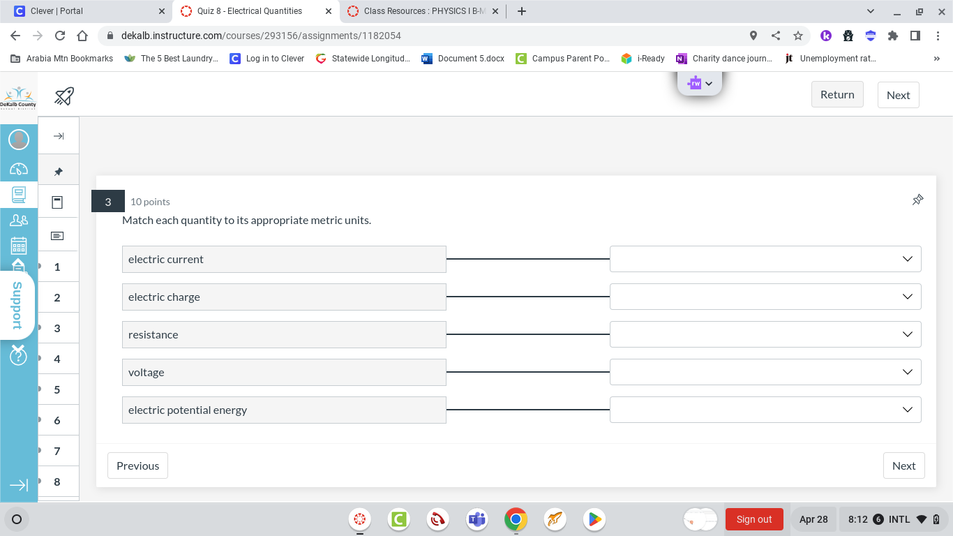  C Clever | Portal X Quiz 8 - Electrical Quantities X