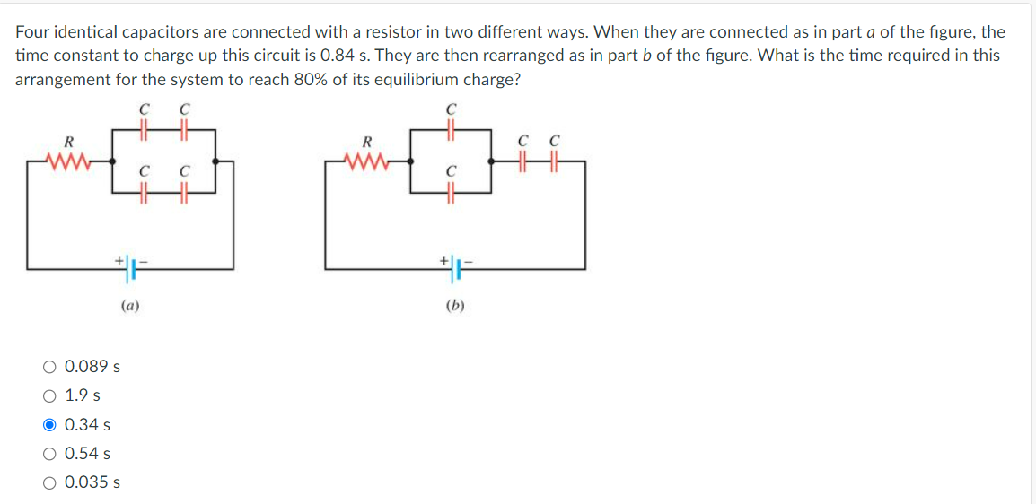  Four identical capacitors are connected with a resistor in two different
