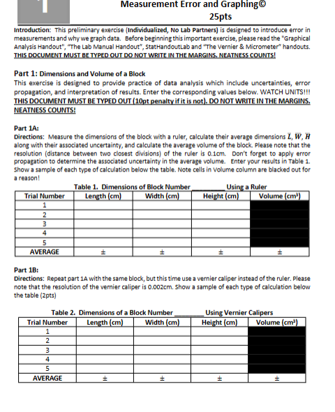 Measurement Error and Graphing9 25pts Introduction: This preliminary exercise (Individualized, No