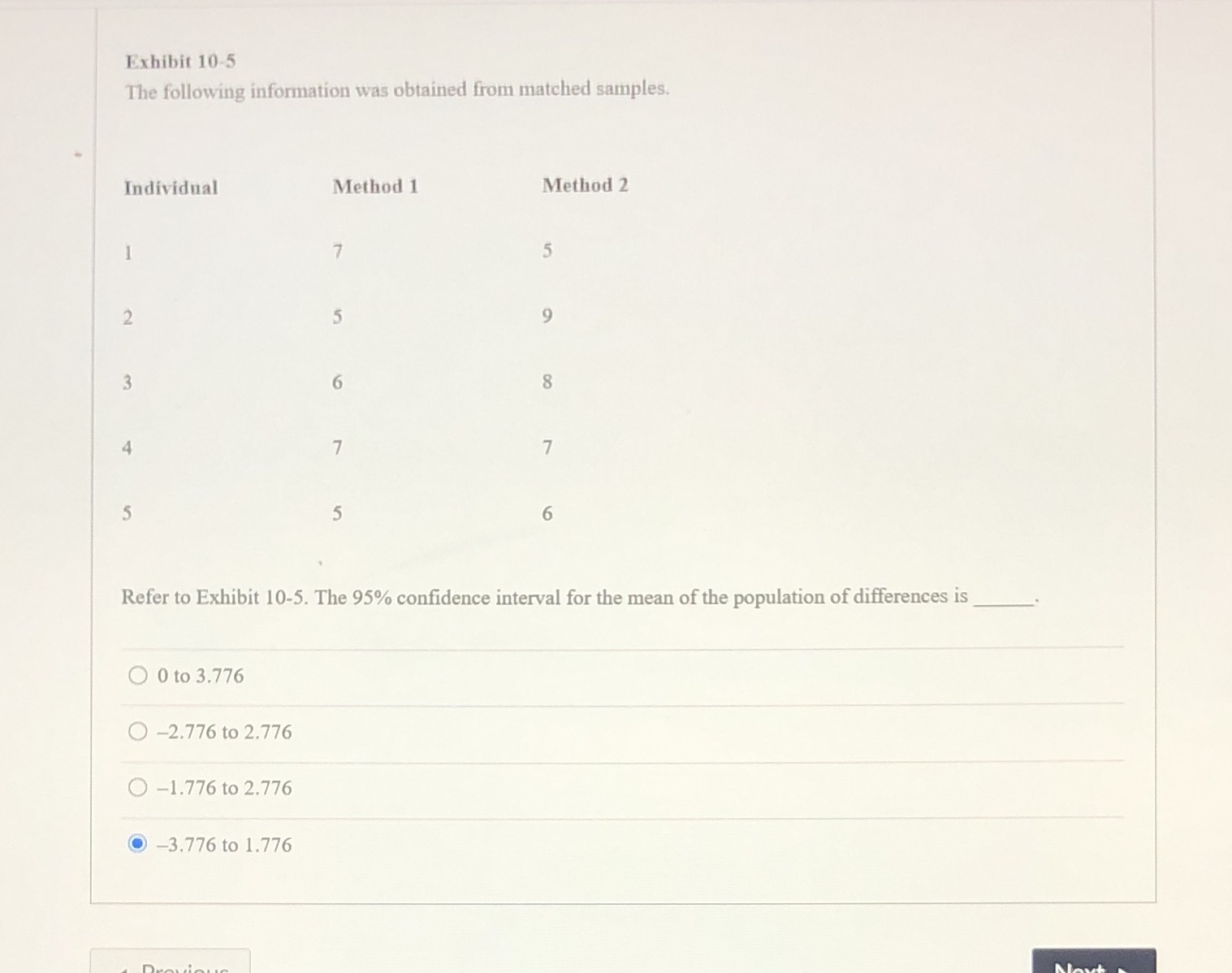 Exhibit 10-5 The following information was obtained from matched samples. Individual